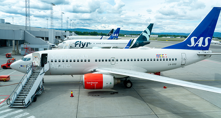 Ett flygplan står på marken. En trappa går upp till dörren.