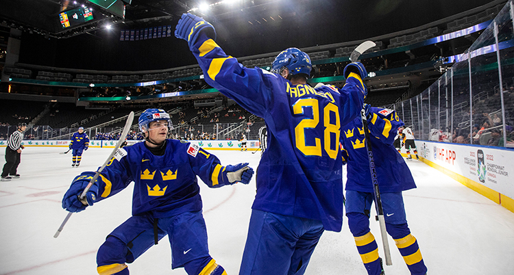 Svenska ishockeyspelare jublar.