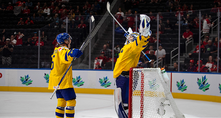 Två ishockeyspelare jublar på isen.