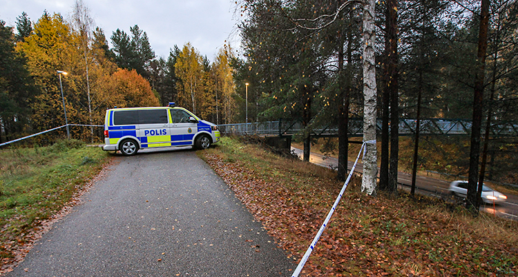 En polisbil står på en cykelväg.