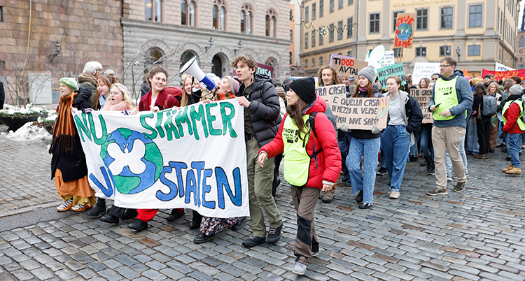 De går i demonstrationståg. De som går längst fram har en skylt av tyg.