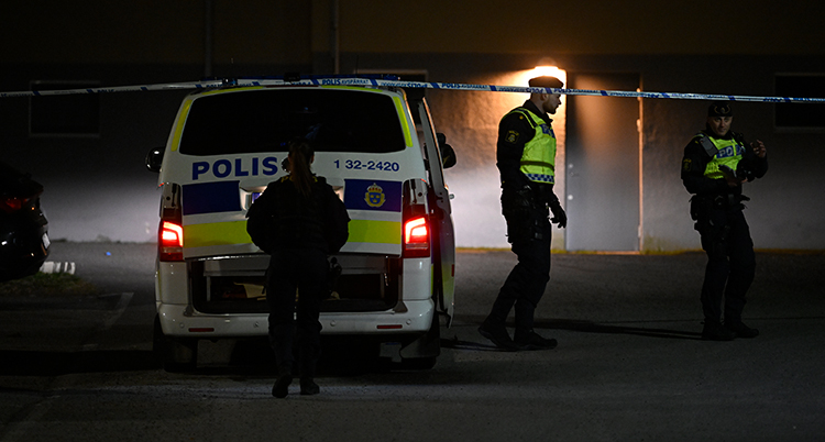 En polisbil och flera poliser går runt i mörkret.