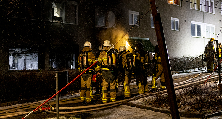 De står utanför huset med vattenslang.