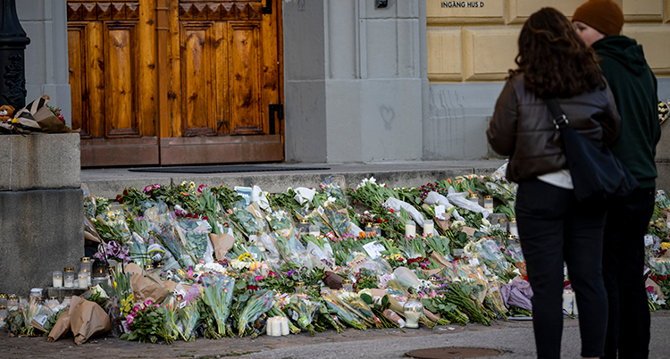 Två unga personer tittar på en trappa utanför skolan fylld av blommor och ljus.