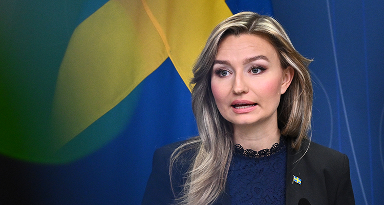 Ebba Busch pratar framför en svensk flagga.