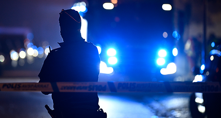En polis syns i förgrunden av bilden. I bakgrunden en polisbil.