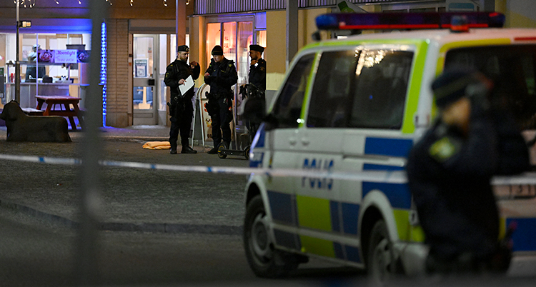 Det är mörkt ute. Några poliser är i Skogås centrum.
