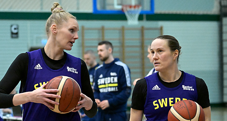 De står och pratar med varandra på en basketplan.