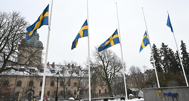 Flera flaggstänger har flaggor som är hissade halvvägs.