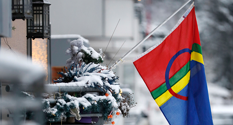 Samernas flagga, som är röd, grön, gul och blå med en cirkel över.