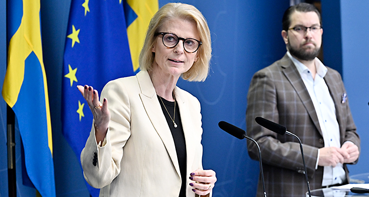 Svantesson och Åkesson står och pratar i varsin mikrofon på en träff med journalister.