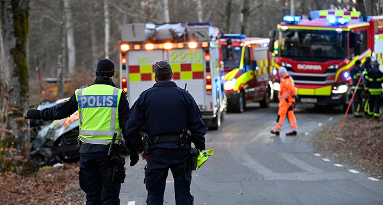 Två poliser står och tittar på räddningsarbetare som jobbar på olycksplatsen.
