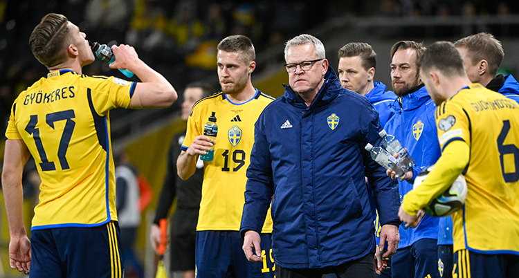 Han står i blå jacka bland spelare i gula tröjor.