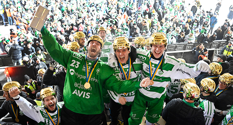 Tre män i gröna matchtröjor och guldhjälmar jublar. Bakom syns mycket publik