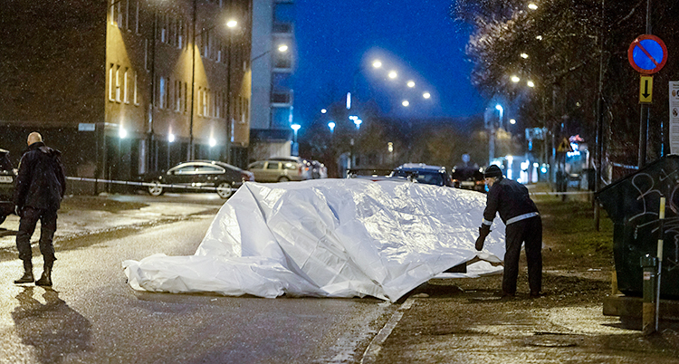 Det är kväll och mörkt. Poliser jobbar med att lägga en presenning över en bil.