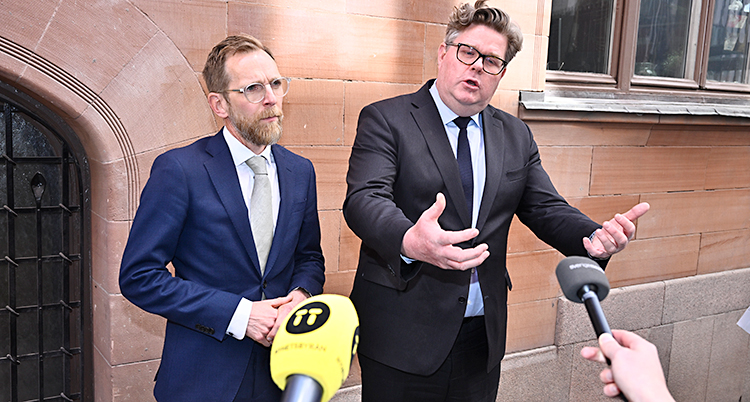 De står bredvid varandra och pratar i journalisternas mikrofoner.