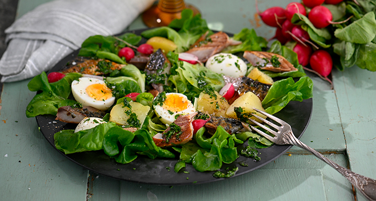 Tallrik med sallad, ägg, lax och grönsaker.
