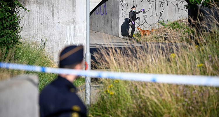 två poliser undersöker en avspärrad plats.