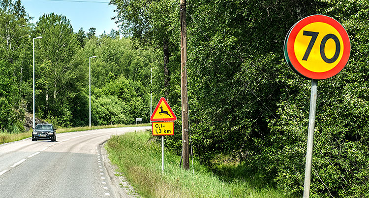 Bil på landsväg med vägskyltar.