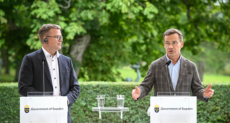 De står bredvid varandra framför varsitt bord. Bakom dem syns grönska.