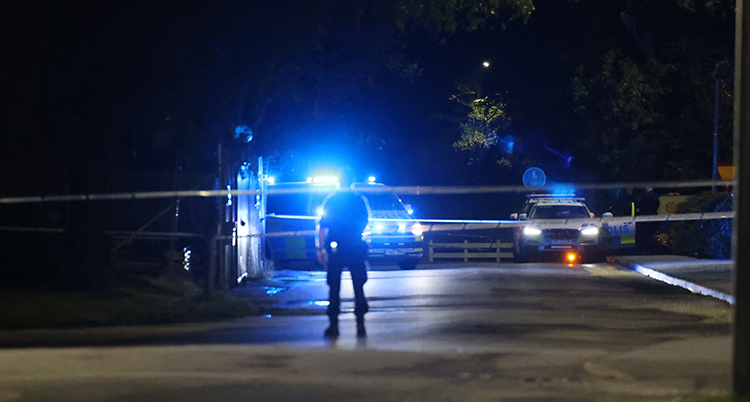 Poliser och blått ljus på en mörk gata.