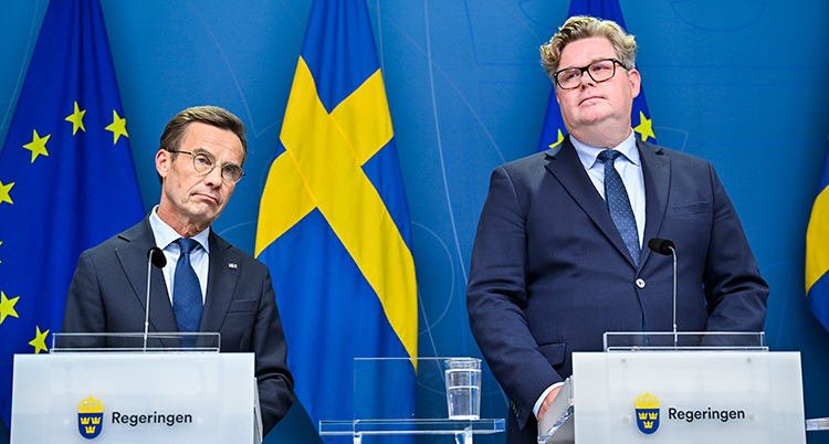 De står framför två bord med mikrofoner.