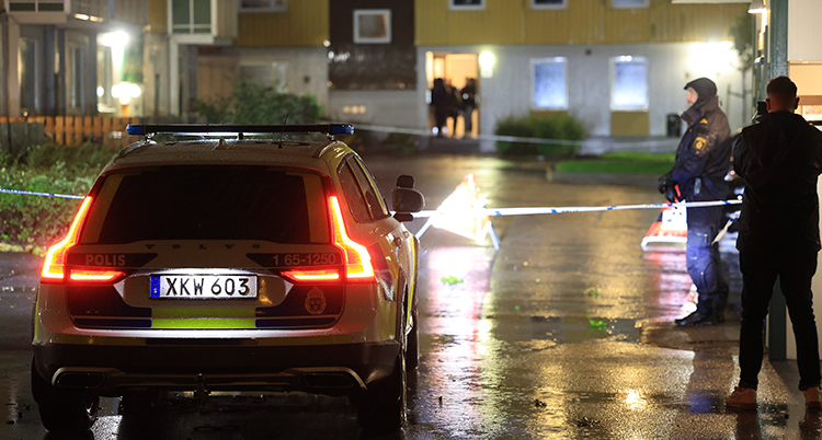 En polisbil på en mörk gata.