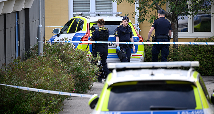 Polisbilar och poliser på en gata med hus.
