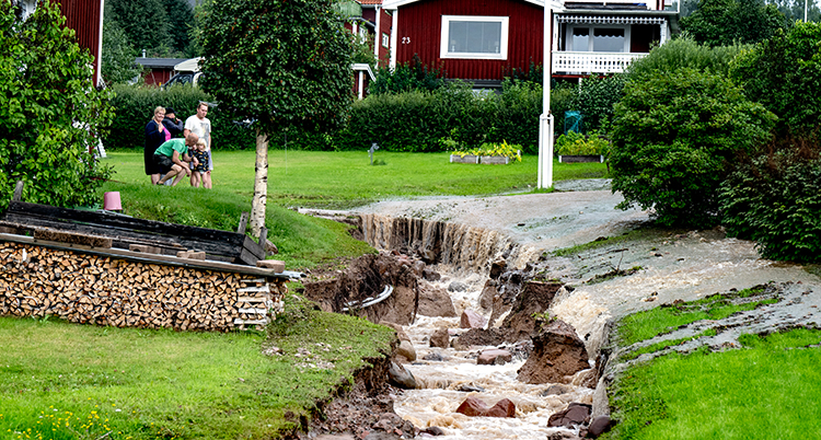 Det rinner vatten på gräset och en djup fåra syns i marken som är fyld med vatten.