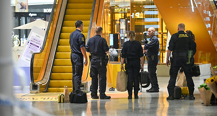 Ett gäng poliser står vid en rulltrappa inne i ett köpcentrum.