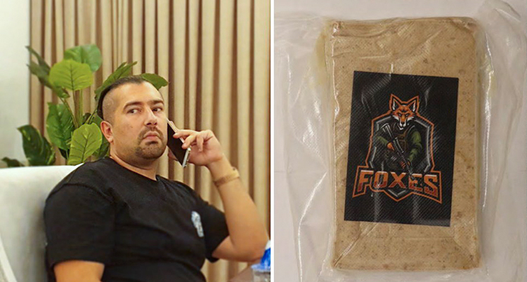 Två bilder. Den ena där Majid pratar i telefon. Den andra på ett paket med droger som har ett klistermärke på sig.