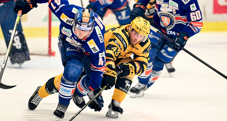 Två spelare i kamp om pucken.