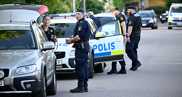 Flera poliser och polisbilar på en gata.