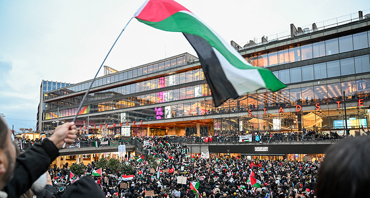 Människor står tätt på ett torg. Någon viftar med en flagga.