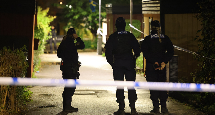 Det är mörkt. Tre poliser står på gatan.