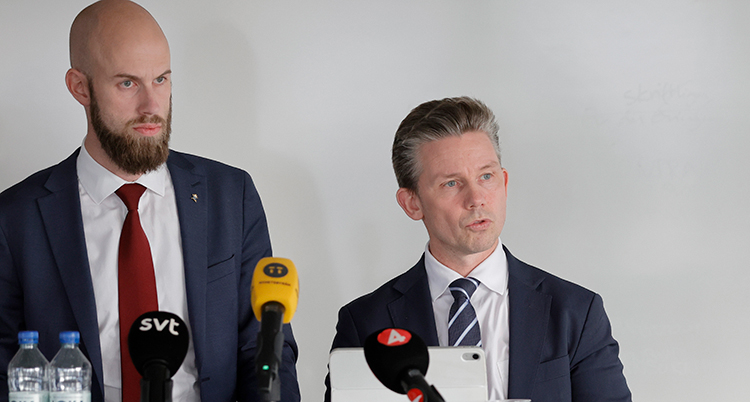 De står bredvid varandra. Framför finns flera mikrofoner.