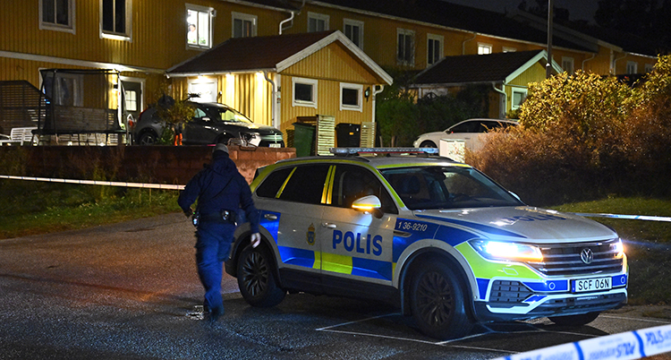 En polisbil är parkerad framför ett hult radhus. Det är mörkt ute. En polis går från bilen mot huset.