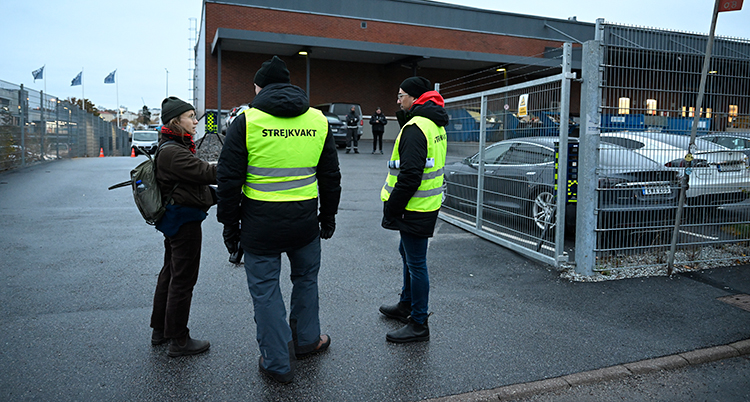 Tre personer i gula västar utanför Teslas hus.