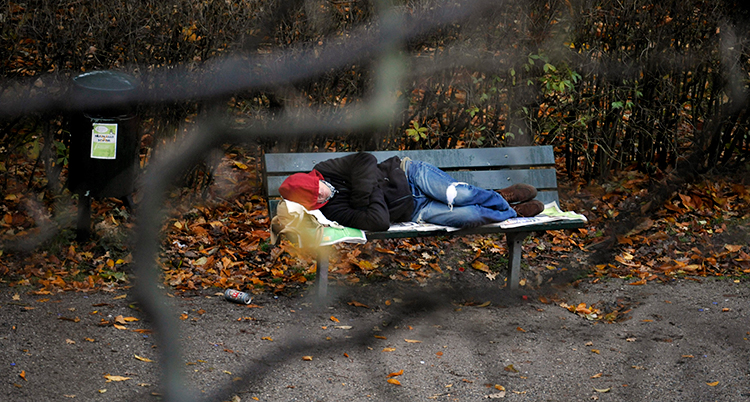 En person sover på en bänk.