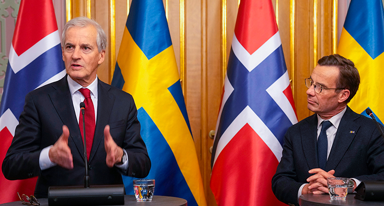 Statsministrarna står bredvid varandra. Störe talar.