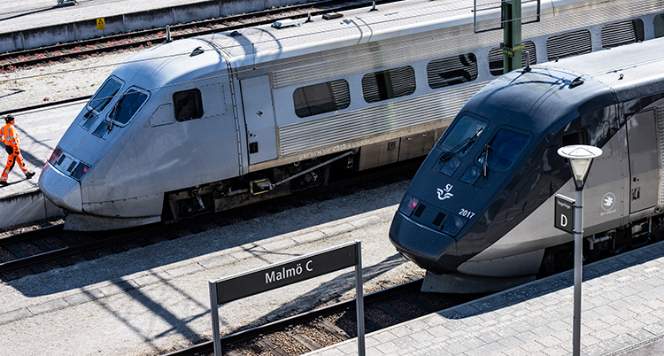 Tågen står på varsitt spår. Det ena är grått. Det andra är svart.