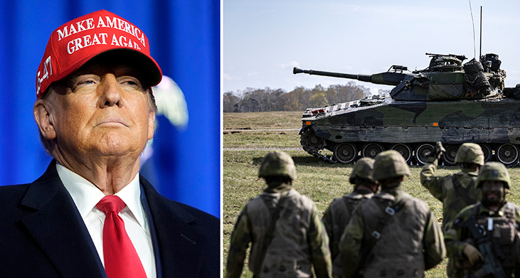Två bilder. Den ena på Donald Trump i röd keps. Den andra på flera soldater