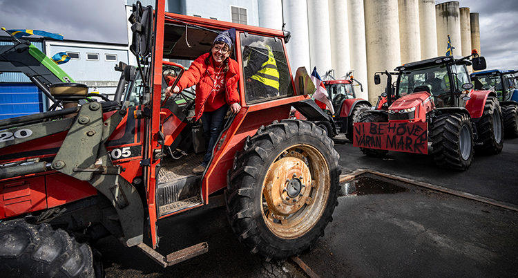 Hon tittar ut från en traktor. Bakom syns flera traktorer.