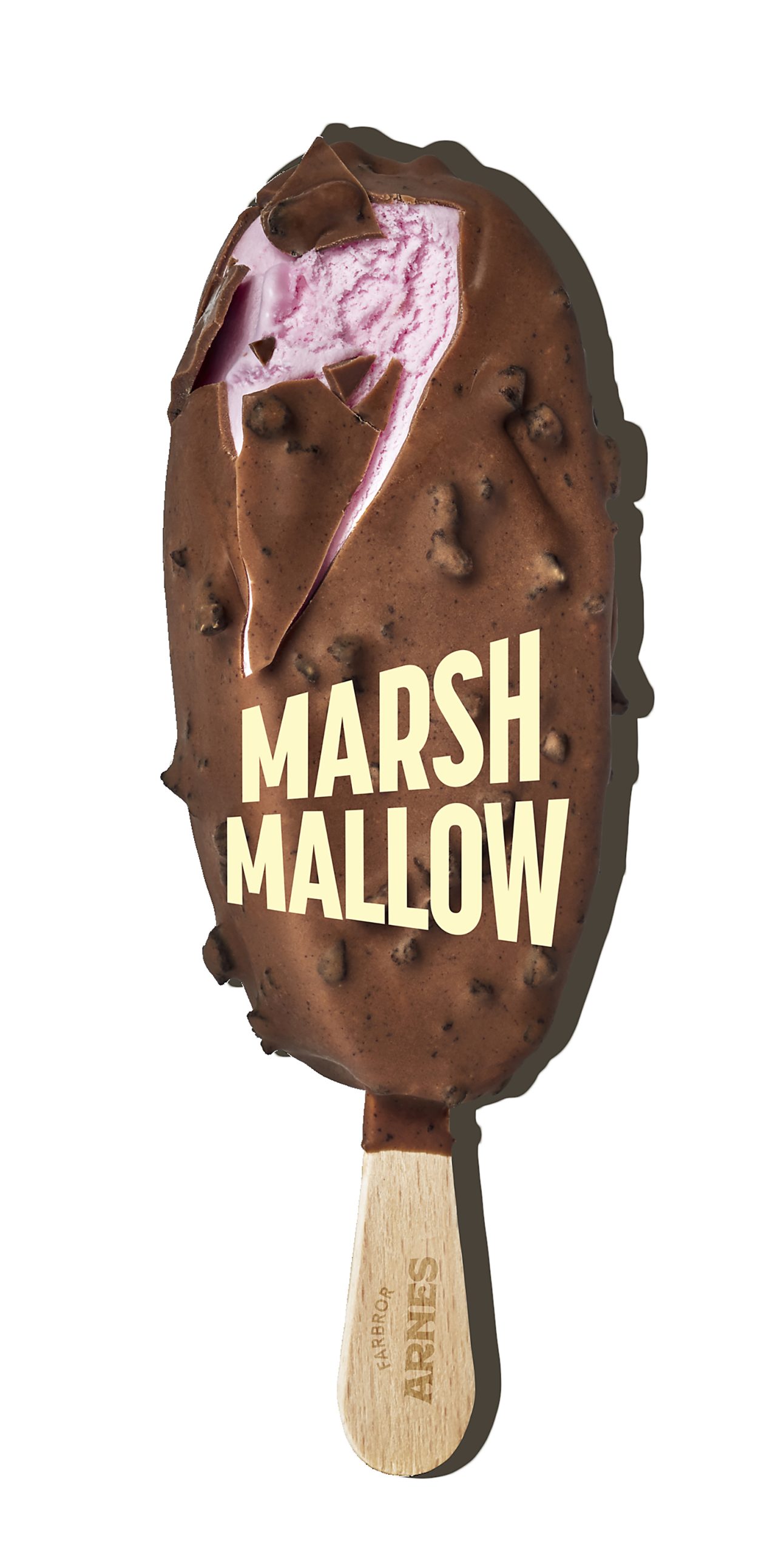 En glass med skal av choklad och rosa innehåll. Farbror Arnes Marshmallow.