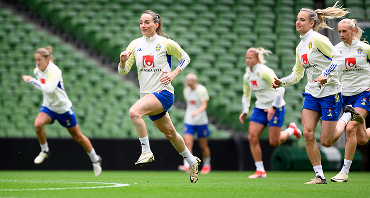 Flera glada spelare springer på en gräsmatta på en arena.