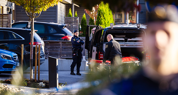 Flera poliser står utanför några hus.