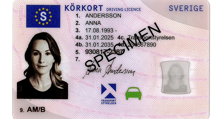 Bilden visar en bild av det svenska körkortet. Det är rosa och har en bild på en kvinna.