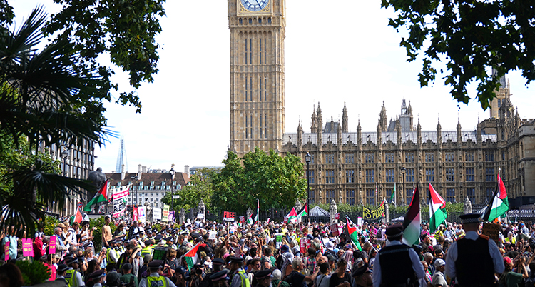 Massor av människor på ett torg i London. De viftar med palestinska flaggor.