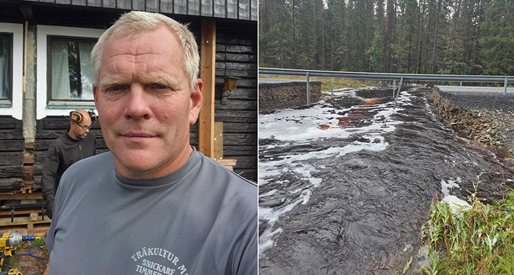 Det är två bilder. En bild på Marcus Lindgren. En bild på den förstörda vägen där vatten forsar fram.