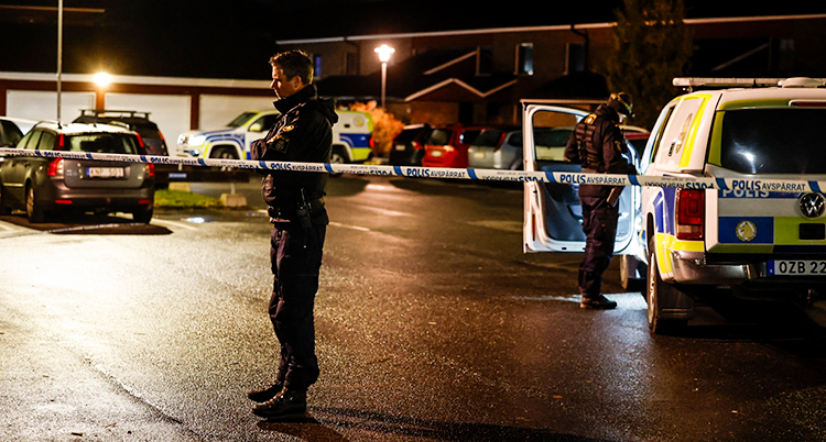 Det är mörkt ute. Några poliser jobbar i ett bostadsområde.
